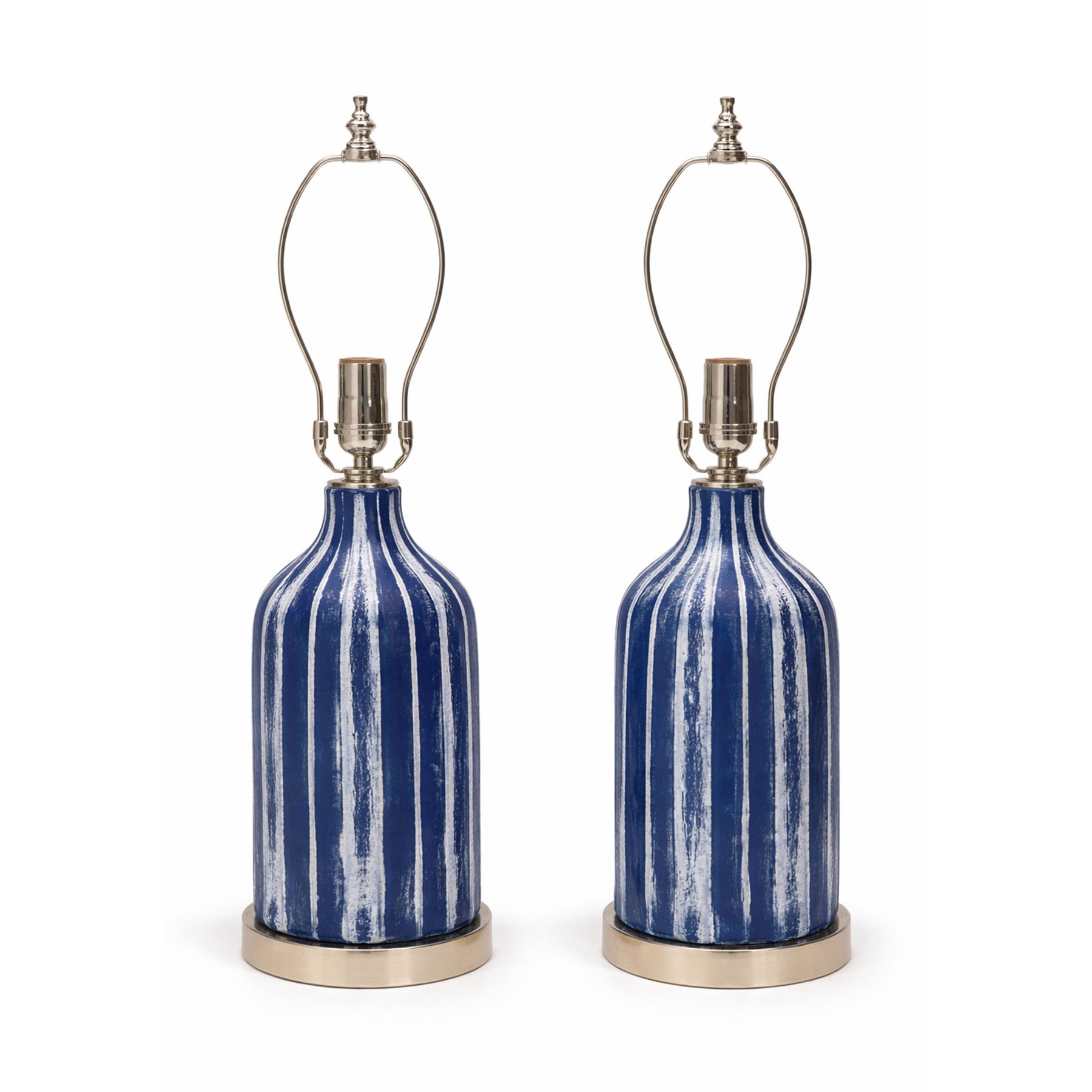 Pair of Blue & White Striped Ceramic Lamps