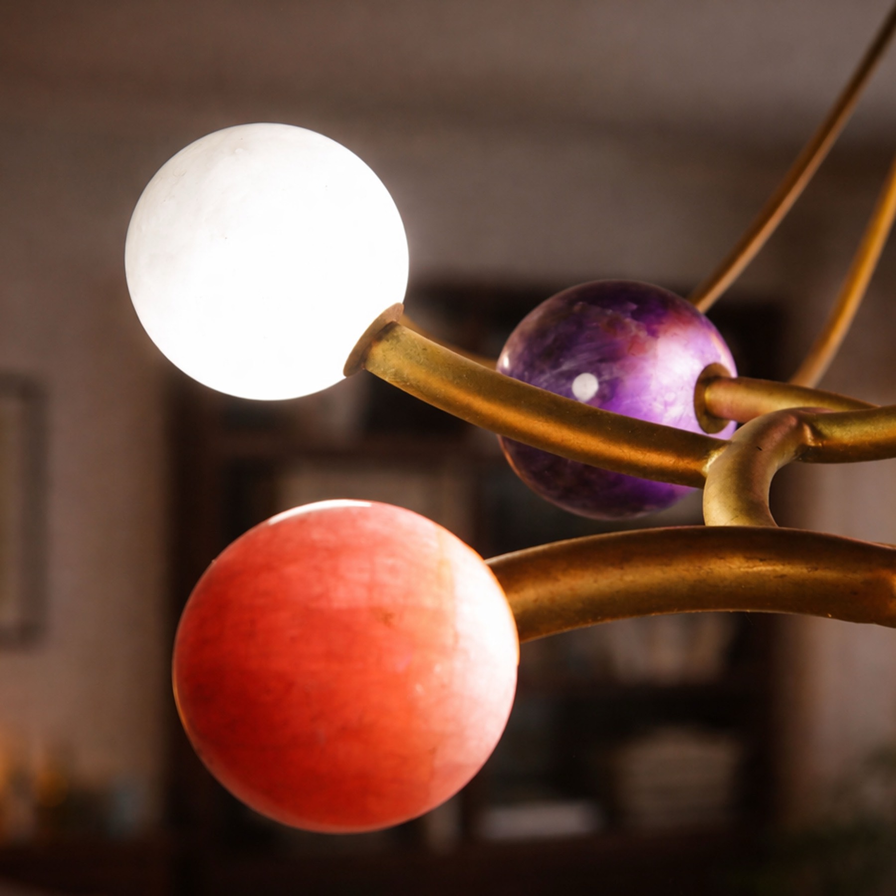 Gilt Chandelier with Amethyst & Rock Crystal Spheres, lit