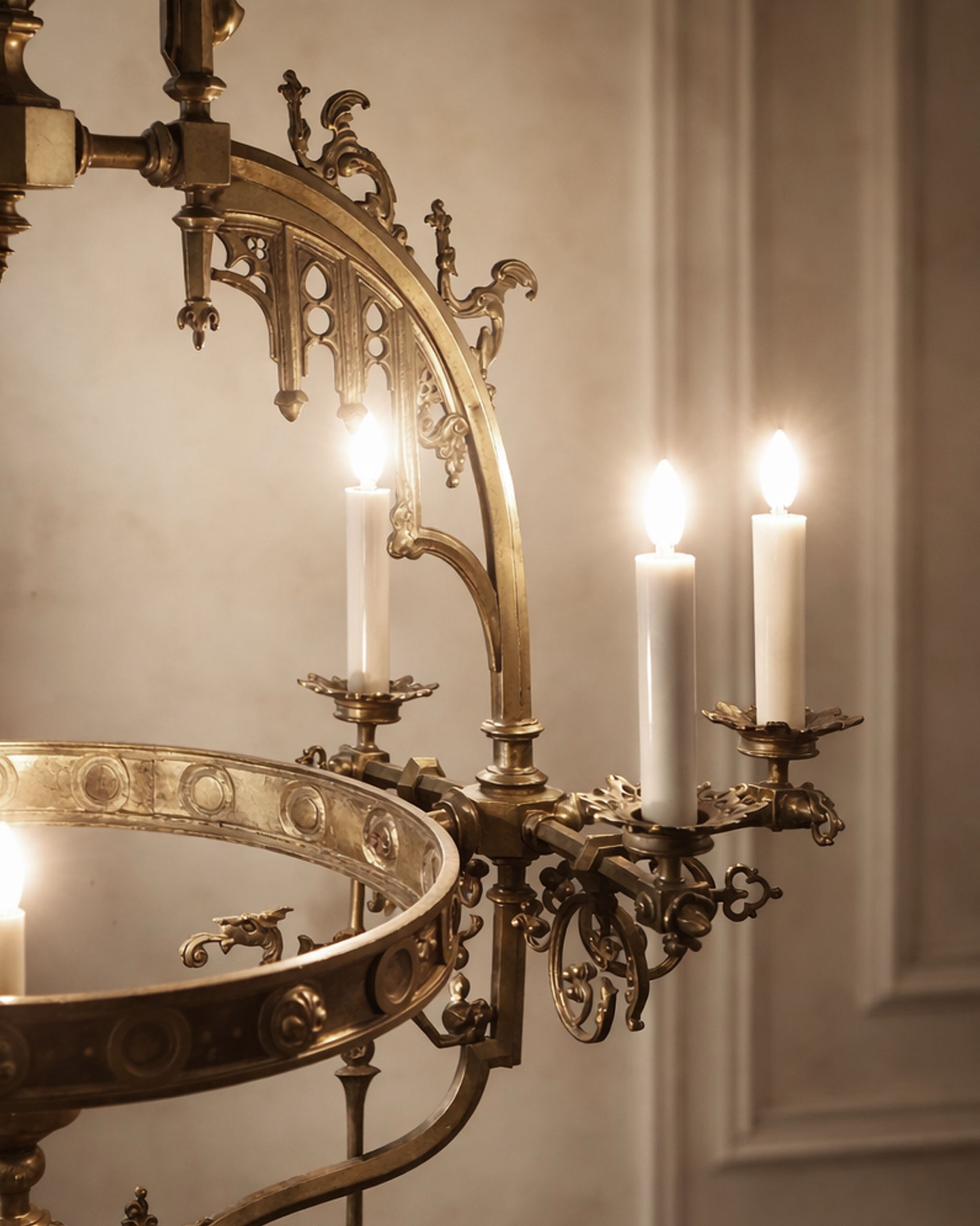 Gothic Revival Brass Chandelier, lit